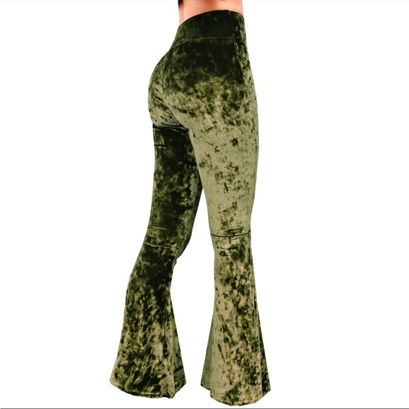 Olive Green Crushed Velvet Bell Bottom Flare Pants - Picture 10 of 12